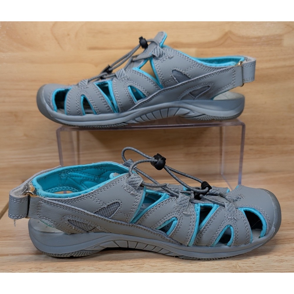 Eddie Bauer Mary Women 7 Gray Aqua‎ Blue Leather Sport Sandals Hiking 77050C
